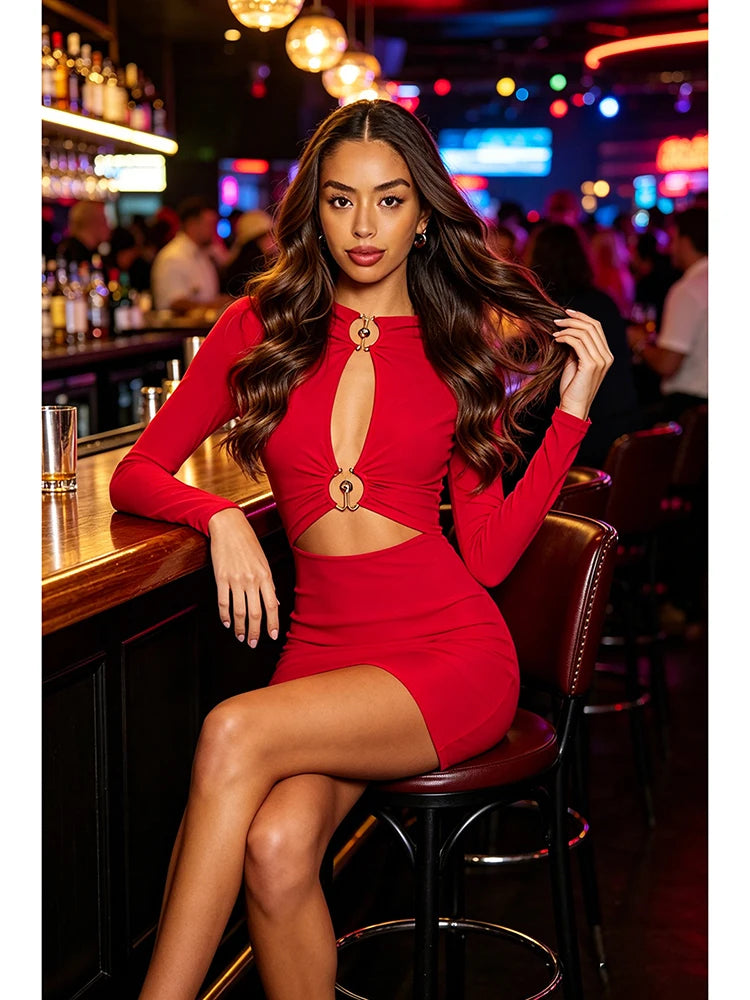 Mini Dress – Ruched Bodycon Silhouette – Red Polyester | KIMLUD