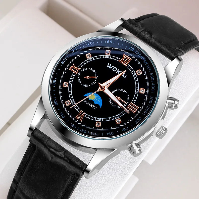 Fashionable and trendy men's watch, sports wristwatch with leather strap, men's gift watch