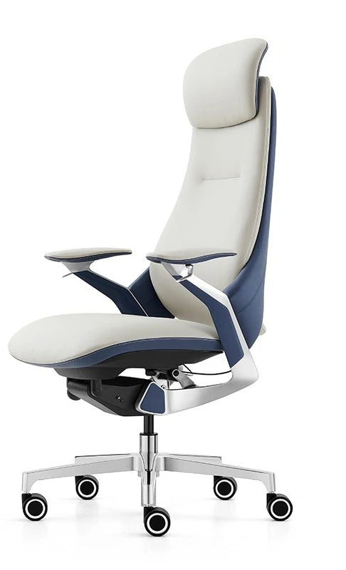 A modern ergonomic office chair with a high back, white and navy blue upholstery, adjustable armrests, and a chrome five-star wheeled base, shown on a white background.