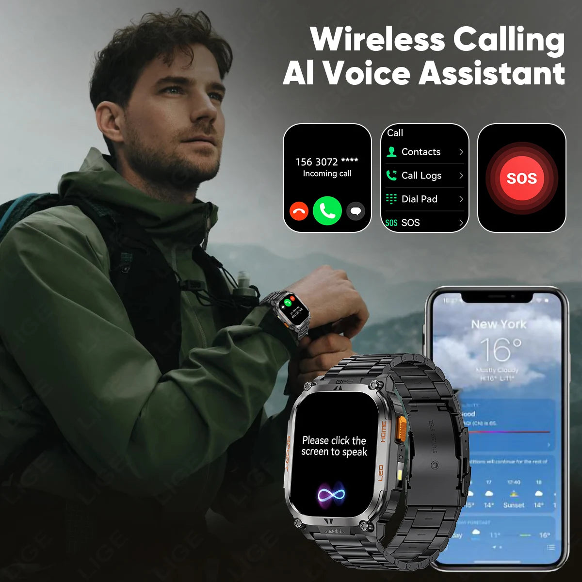 LIGE New GPS Tracking Smart Watch  LED Flashlight 1.96inch HD Screen Compass BT Call Waterproof Sport Smartwatch For Android iOS
