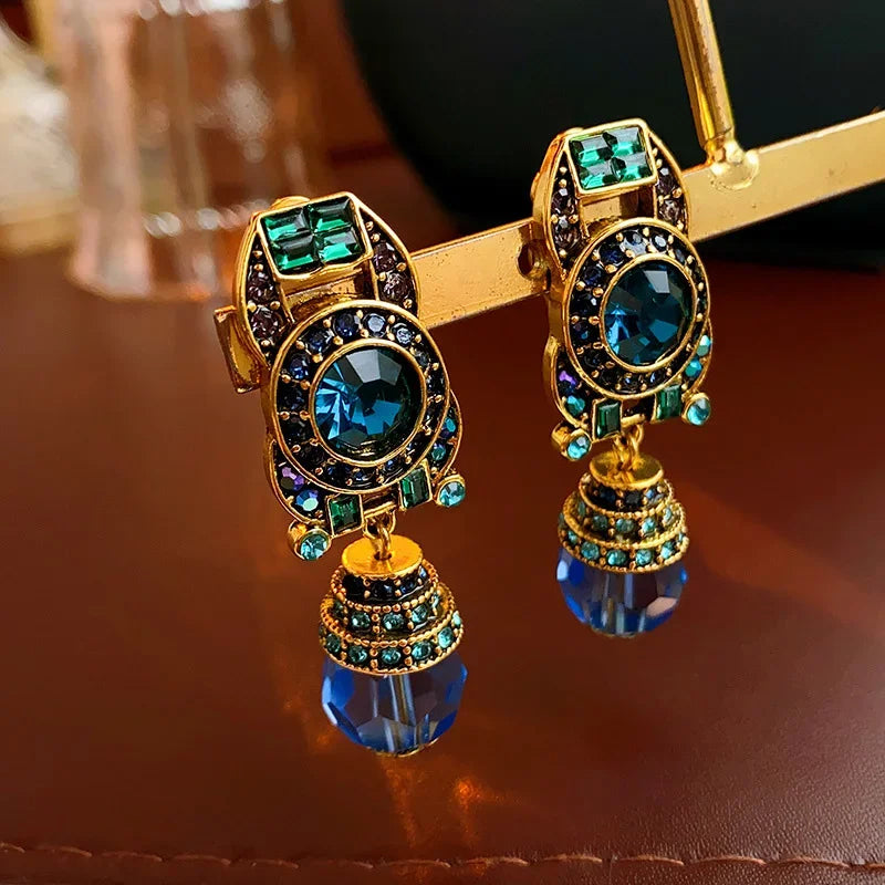 Rhinestone Ear Clip Geometric Water Drop Earrings — Blue | KIMLUD