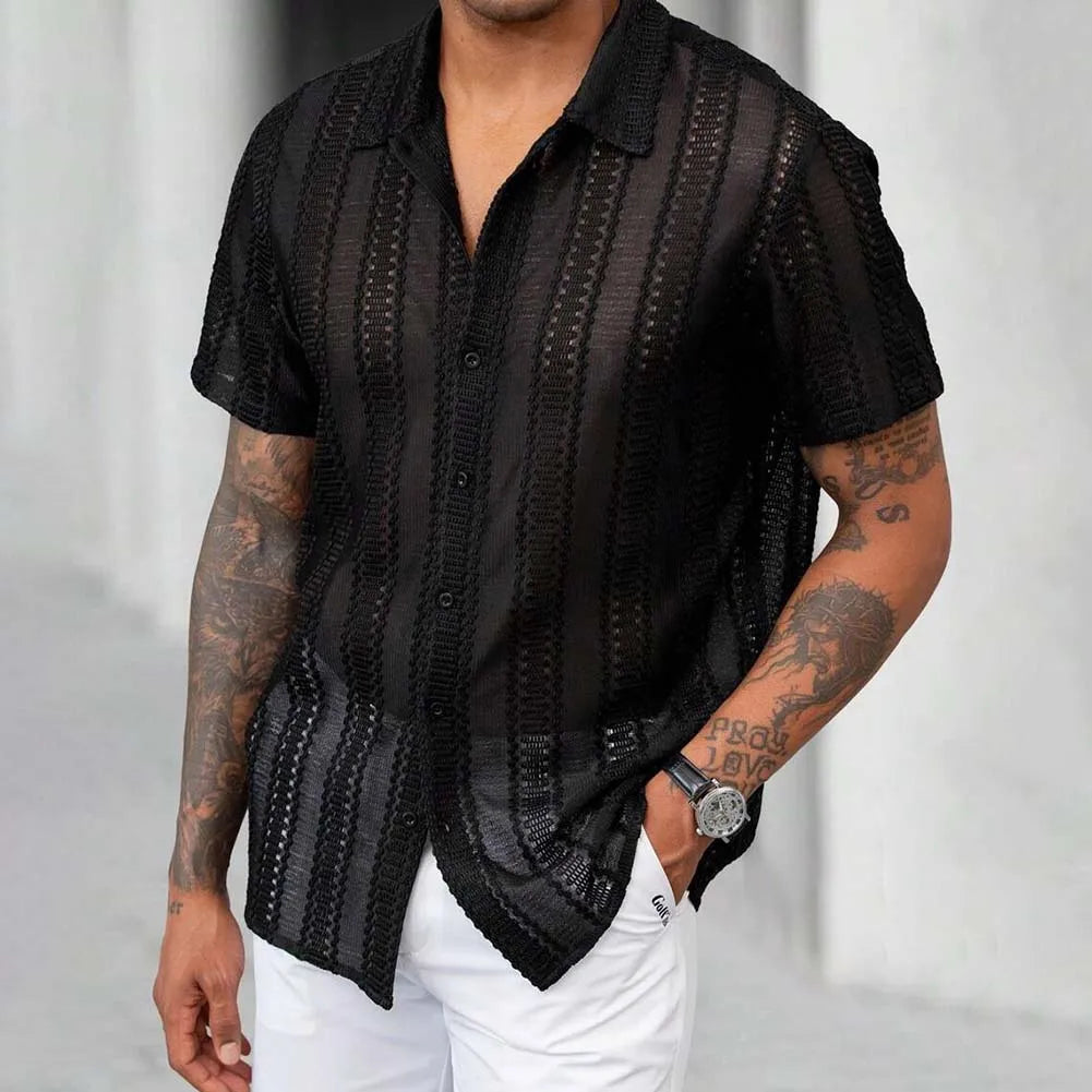 Lace Mesh Shirt Three Quarter Sleeve Silky Texture With Subtle Stretch For Summer — Black | KIMLUD
