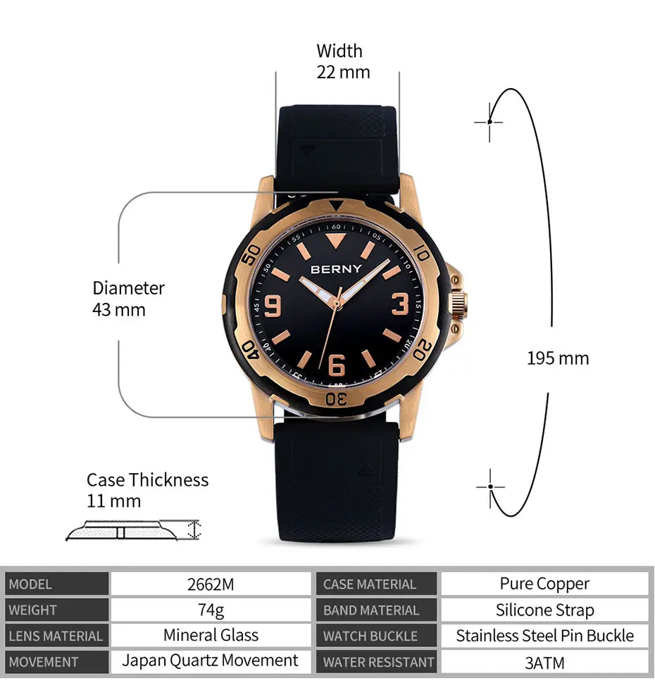 BERNY Watches for Men Luminous Casual Sport Quartz Men's Watch Waterproof Wristwatch Soft silicone Strap Brass Case Easy Read