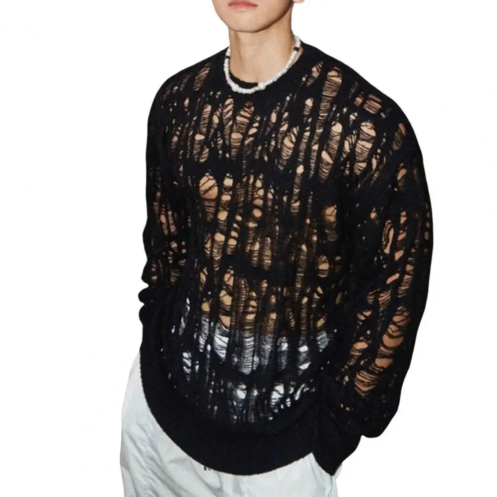 Hollow-Out Mesh Knit Top Crew Neck Long Sleeve — Black | KIMLUD