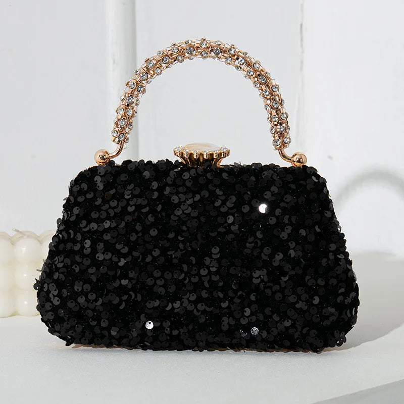 Sequined Evening Handbag Rhinestone Top Handle — Red | KIMLUD