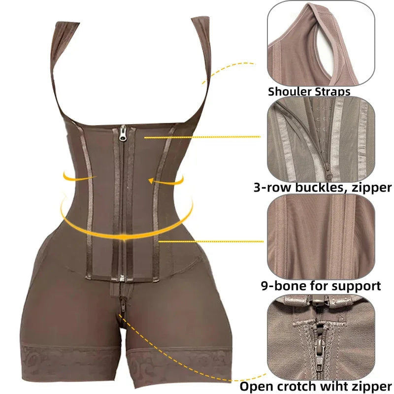 High-Compression Full Body Shaper Bodysuit With Double Tummy Control Open Crotch — Taupe | KIMLUD