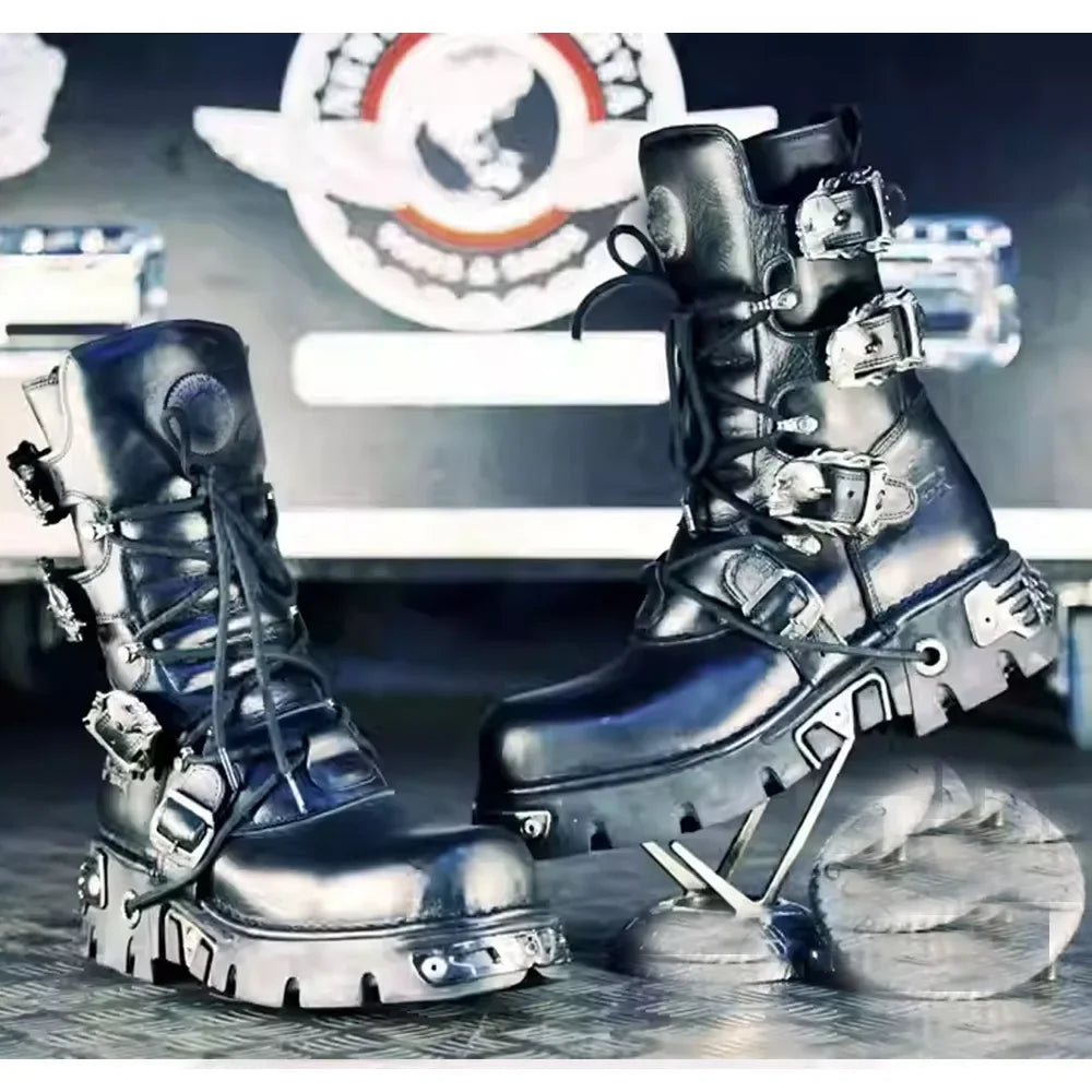 Genuine Leather Motorcycle Boots Goth Skull Embellishment With Metal Hardware — Black | KIMLUD