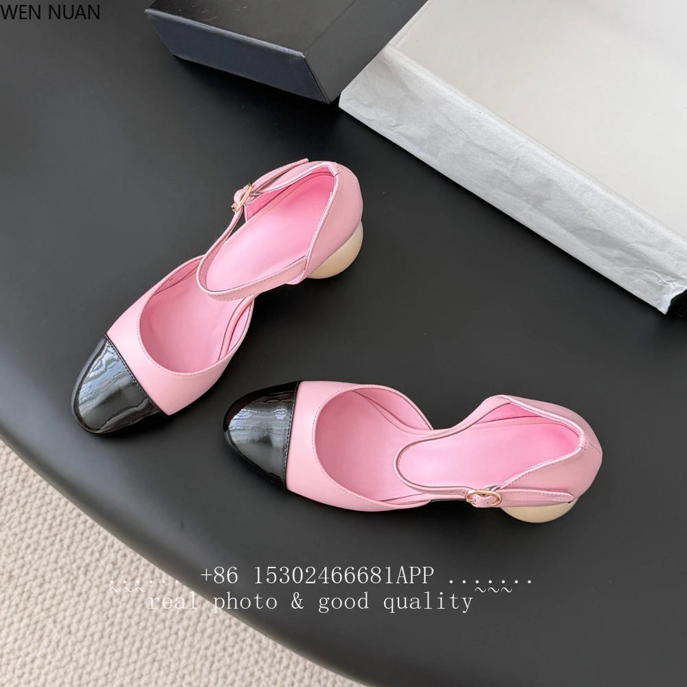 Genuine Leather Mary Jane Sandals With Pearl Heels — Beige-Tan | KIMLUD