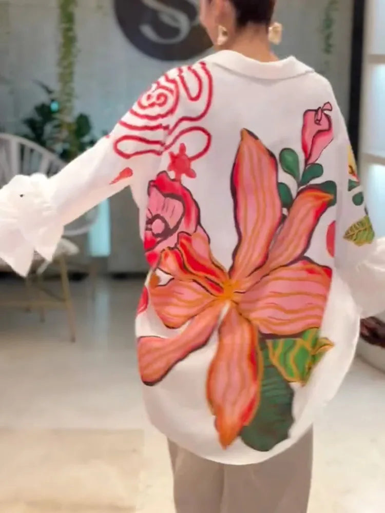 Blouse – Floral Print High-Low Lapel – Polyester – White | KIMLUD