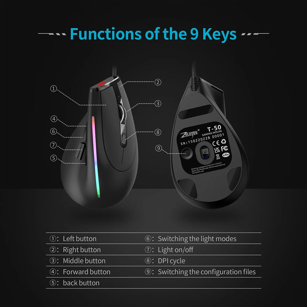 ZELOTES T-50 Ergonomic Wired Vertical RGB Mouse 12800 DPI Adjustable for PC Computer Gaming USB Wired Vertical Optical Mouse