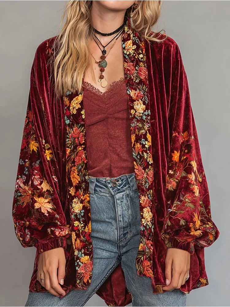 Bohemian Women Cardigan Velvet Autumn Ethnic Floral Printed Jackets Vintage Open Front Long Sleeve Irregular Tops Holiday Shirt