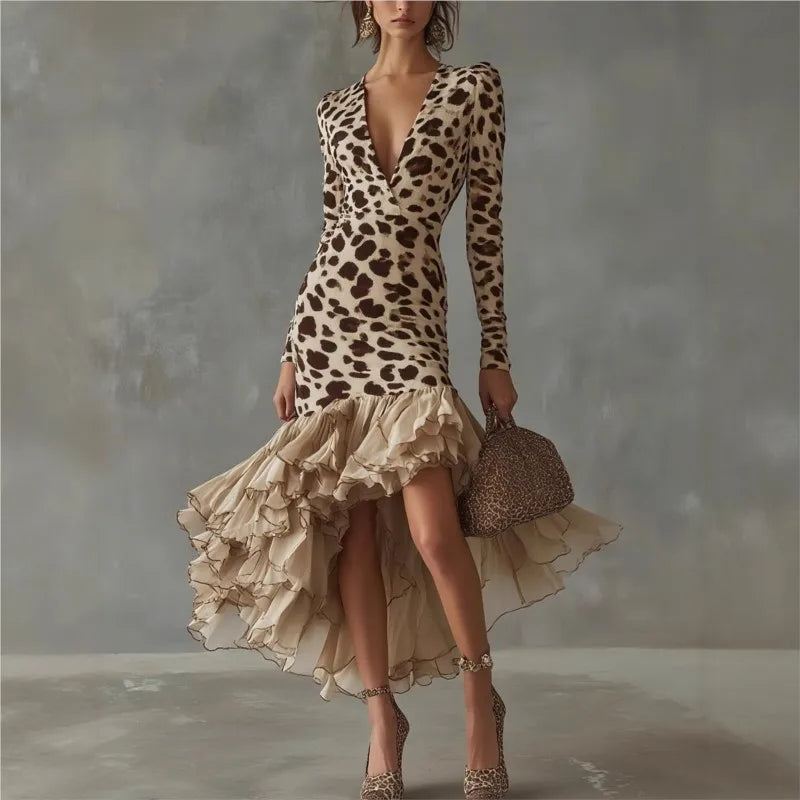 Autumn Long Sleeve Mini Slim Fit Dress Leopard Print Patchwork Long Sleeve Women's Fashion Polyester Fiber V-Neck Dress