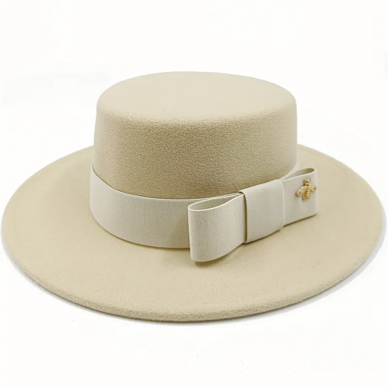 KIMLUD, Wholesale Fedora hats Winter round concave convex surface flat top bow elastic ribbon men&#39;s and women&#39;s felt jazz hats Fedora, 4 / China / 56-58cm, KIMLUD Womens Clothes