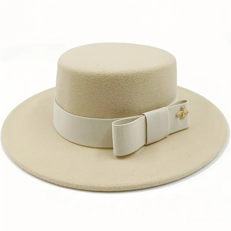 Wholesale Fedora hats Winter round concave convex surface flat top bow elastic ribbon men&#39;s and women&#39;s felt jazz hats Fedora - KIMLUD