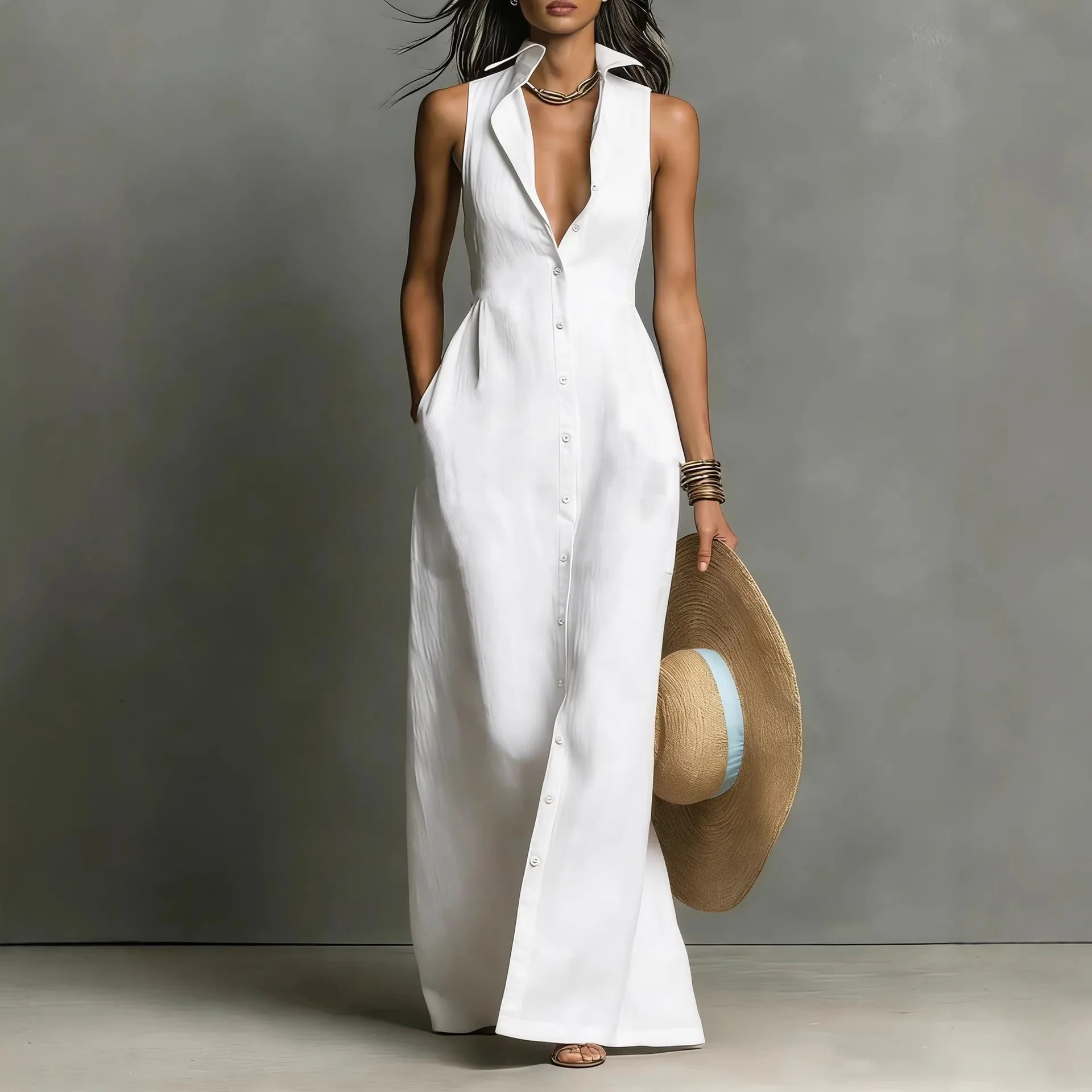 Maxi Dress – Sleeveless Deep V Neck Button Down – Polyester | KIMLUD