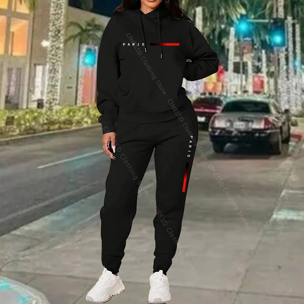 Paris Letter Print Hoodie and Pants Set — Cream | KIMLUD
