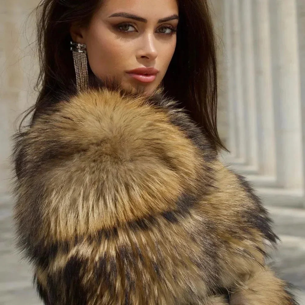 Winter Jacket Women Natural Real Coat Fox Fur Raccoon Outerwear O-neck Thick Warm Luxury Female Plus Size Streetwear