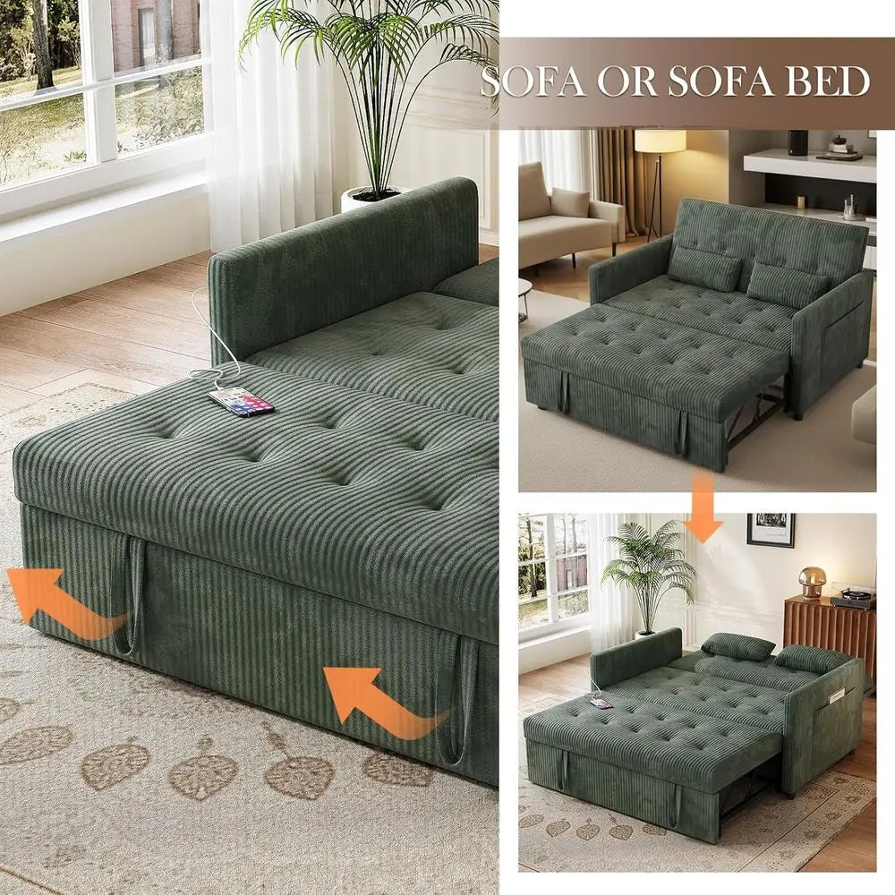 Corduroy Sleeper Sofa With USB Ports And Pull-Out Bed And Hidden Storage — Green | KIMLUD