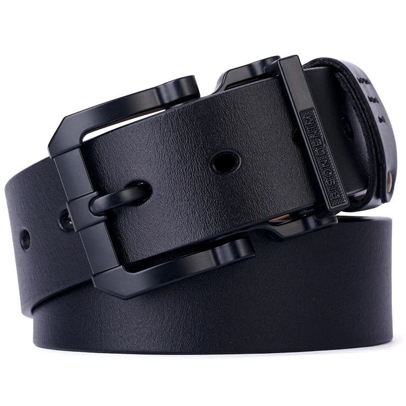 Cowhide Belt Vintage Pin Buckle — Deep Midnight Black | KIMLUD