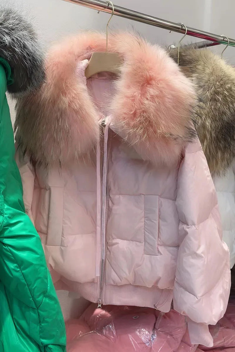 2023 Detachable Winter Jacket Women Real Natural Big Raccoon Fur Collar Thick Warm Duck Down Loose Oversize Outerwear Streetwear