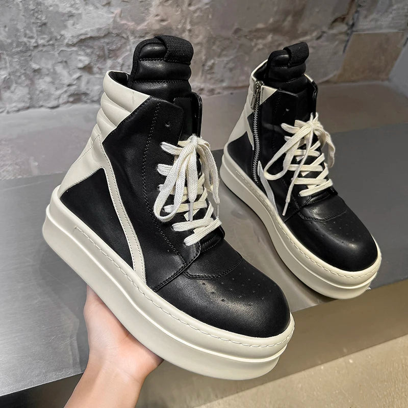 High Top Board Shoes – Side Zipper – Rubber Outsole – Black White | KIMLUD