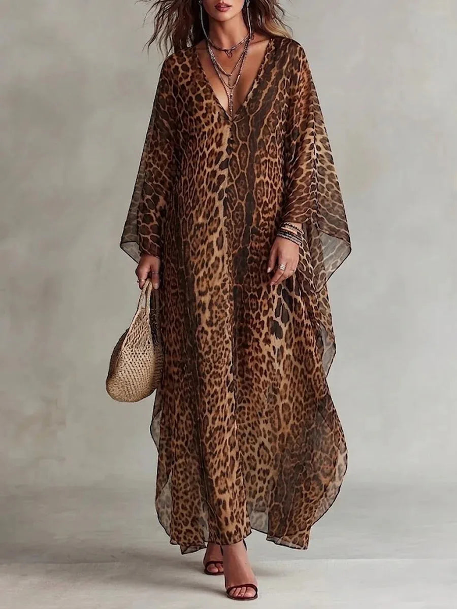 Vintage Chiffon Leopard Dress Deep V Neck Batwing Sleeve Maxi Caftan Dress Casual Loose Summer Beach Cover Up Dresses for Women