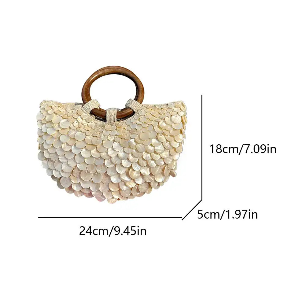 Shell Beaded Clutch Purse Handcrafted Beadwork Top Handle — Champagne Ivory | KIMLUD