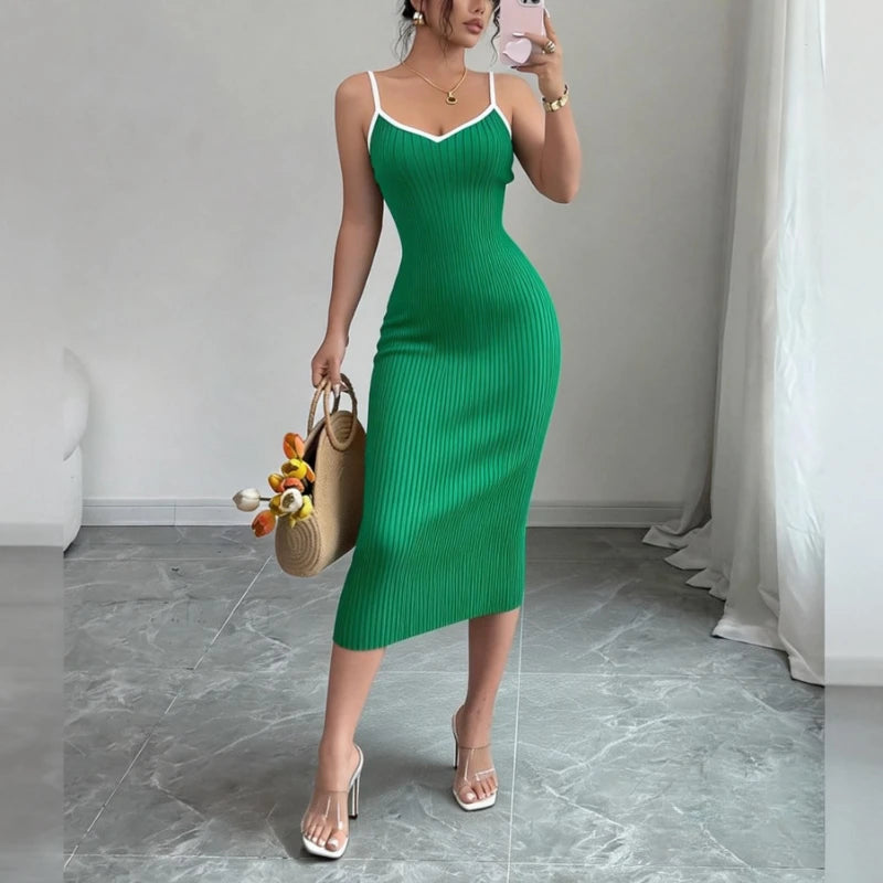Knit Ribbed Midi Bodycon Dress For Summer — Pink | KIMLUD