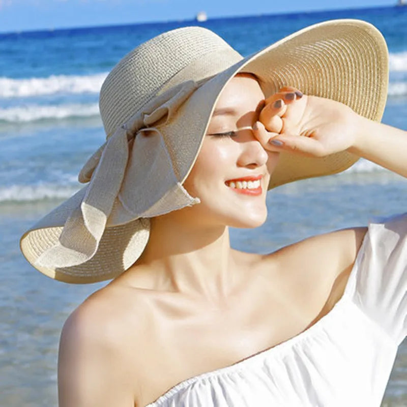 Straw Bow Hat Large Brim Sun Protective — Natural | KIMLUD