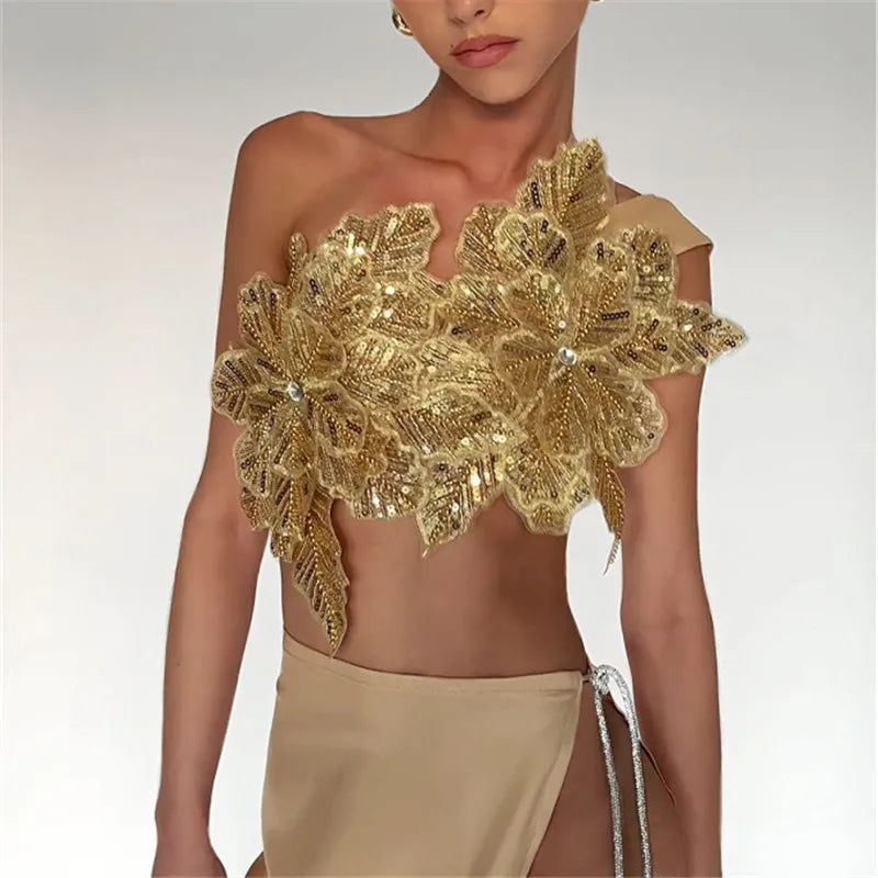 Lace Up Tops Sequin Flowers Glam Details — Multicolor | KIMLUD