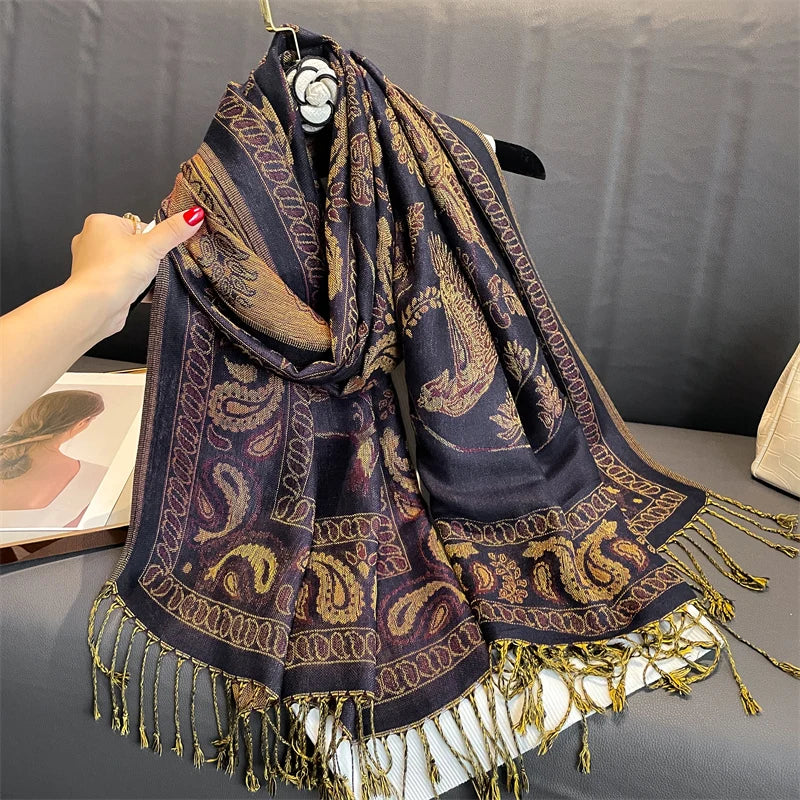 Cashmere Pashmina Shawl With Autumn Print Design, Olive Accents And Gold-Toned Fringe — Red | KIMLUD