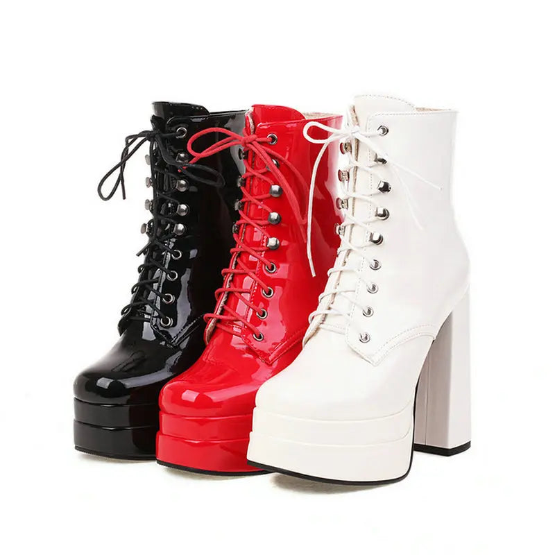 2022 Winter Women Ankle Boots Platform Square High Heel Ladies Ankle Boots Patent PU Leather Cross Tied Women's Shoes Big Size
