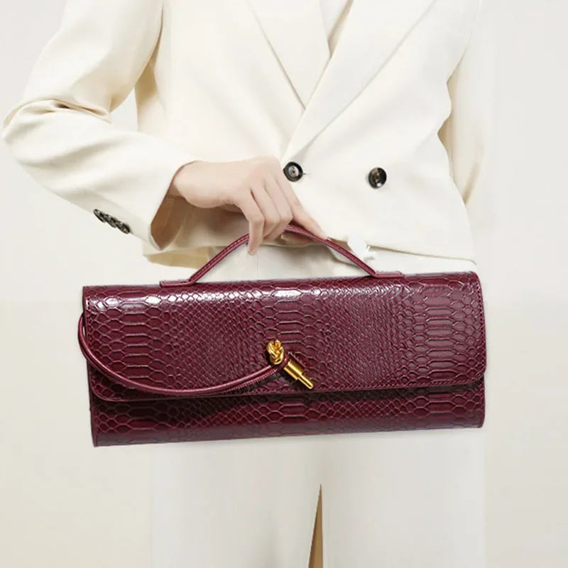 Crocodile-Pattern Top-Handle Bag Luxe Silhouette — Burgundy | KIMLUD