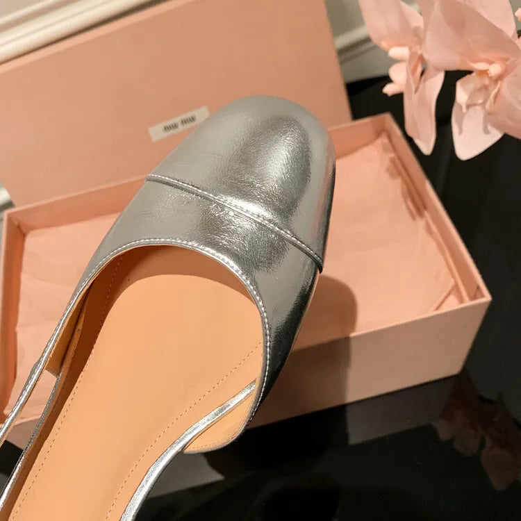 2025 Summer Genuine Leather Sandals for Women Silver Nude Medium Heels Summer Shoe Two-Tone Block Heeled Pumps Lady Office Party