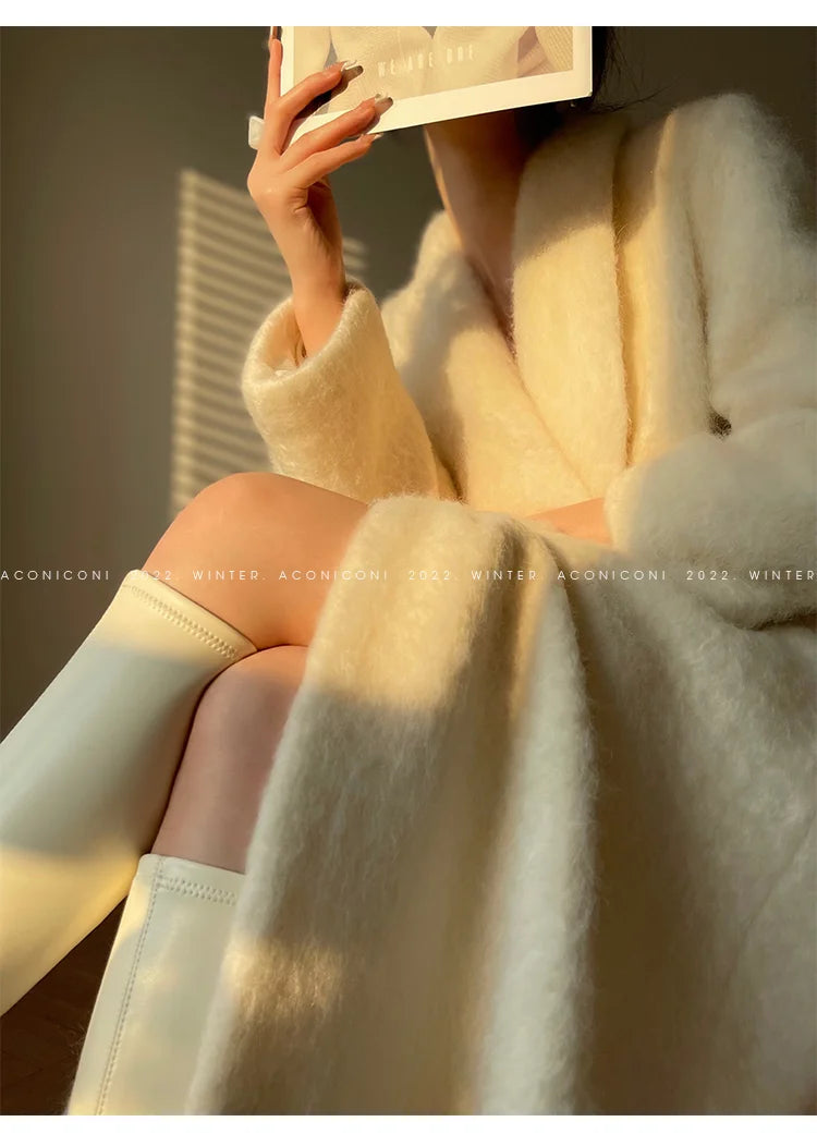 Coat – Double Breasted Long – Wool Blends – White | KIMLUD
