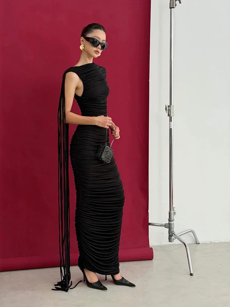 Bodycon Dress – O-Neck Tassel Patchwork – Polyester – Black | KIMLUD
