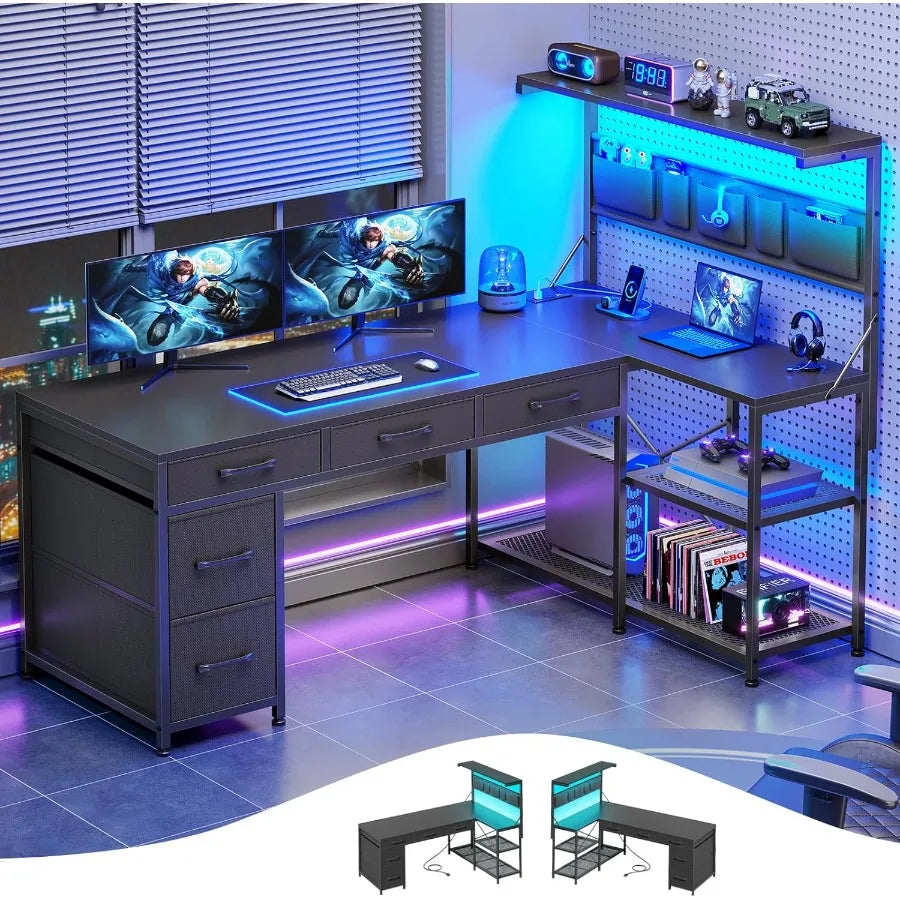 L Shaped Gaming Desk with 5 Drawers and Storage Shelves for Home Office and Study Room Reversible Corner Computer Desk with Bui