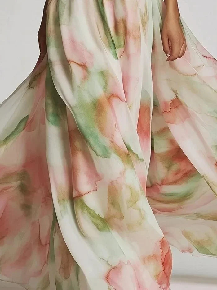 Elegant Women's Dress Sexy One-Shoulder Tie-Dye Party Dress Fashion Sleeveless Printed High Waist Large Hem Skirt Maxi Dress