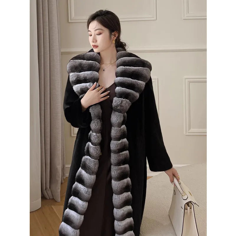 Long Faux Fur Coat Women Autumn Winter Large Jacket Overcoat White Turn Down Collar Pockets Thick Coat Warm Jackets Maxi Coats