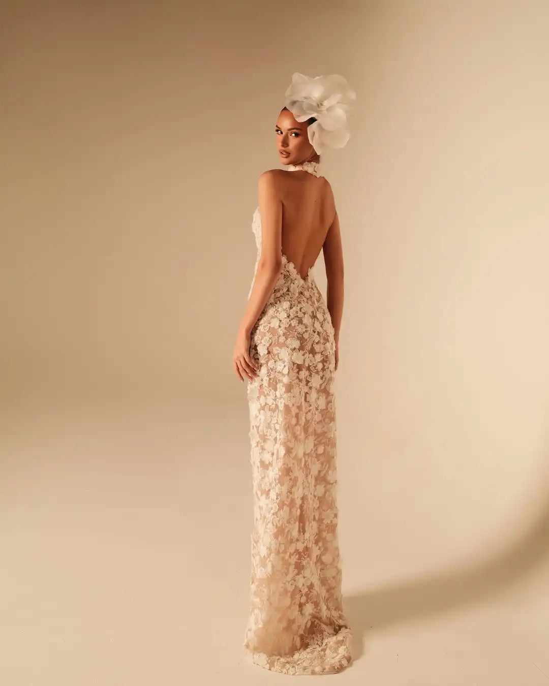 Lace Midi Dress – High Neck Halter – Ivory | KIMLUD