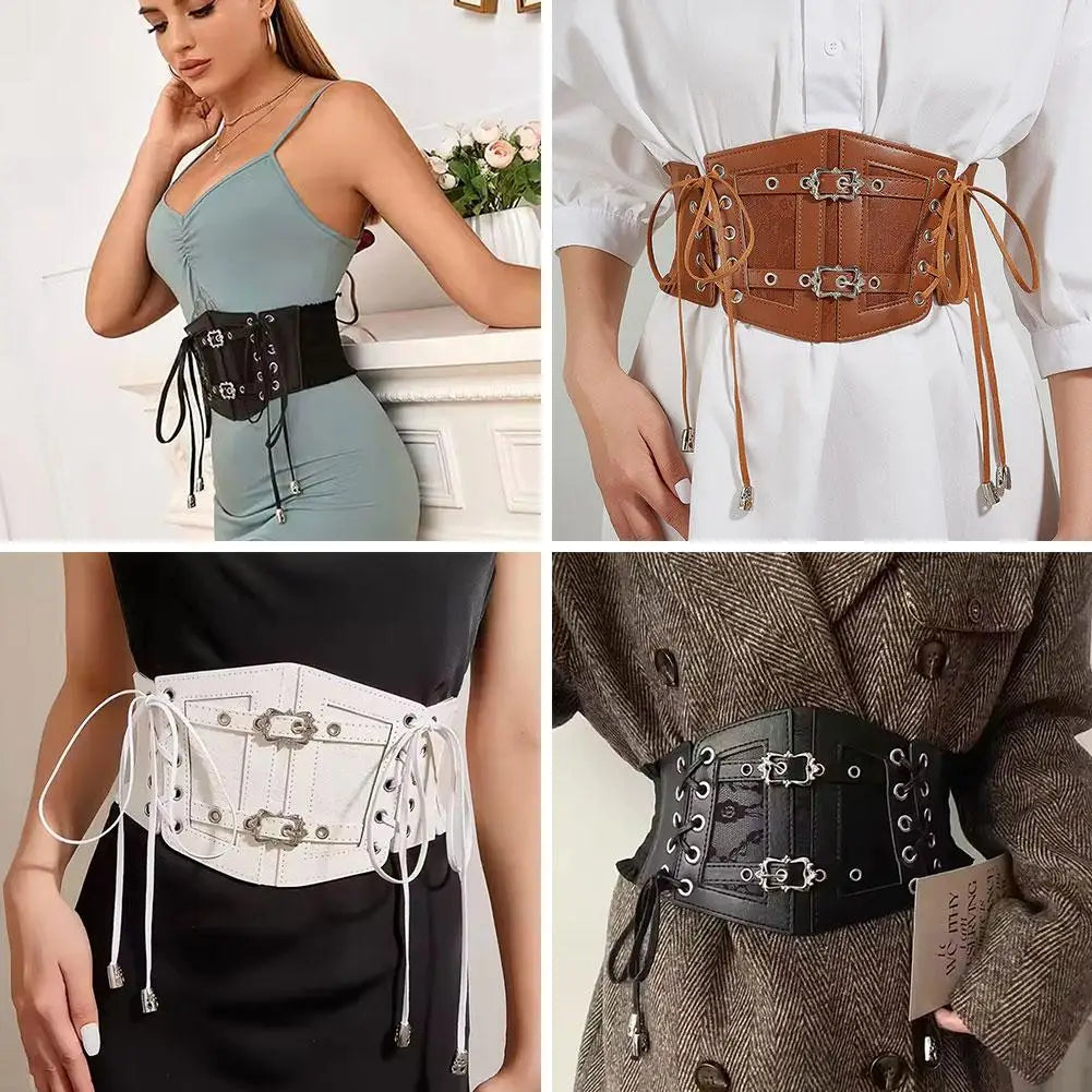 Retro Wide Belt PU Stretch Cummerbunds Belts — Brown White | KIMLUD
