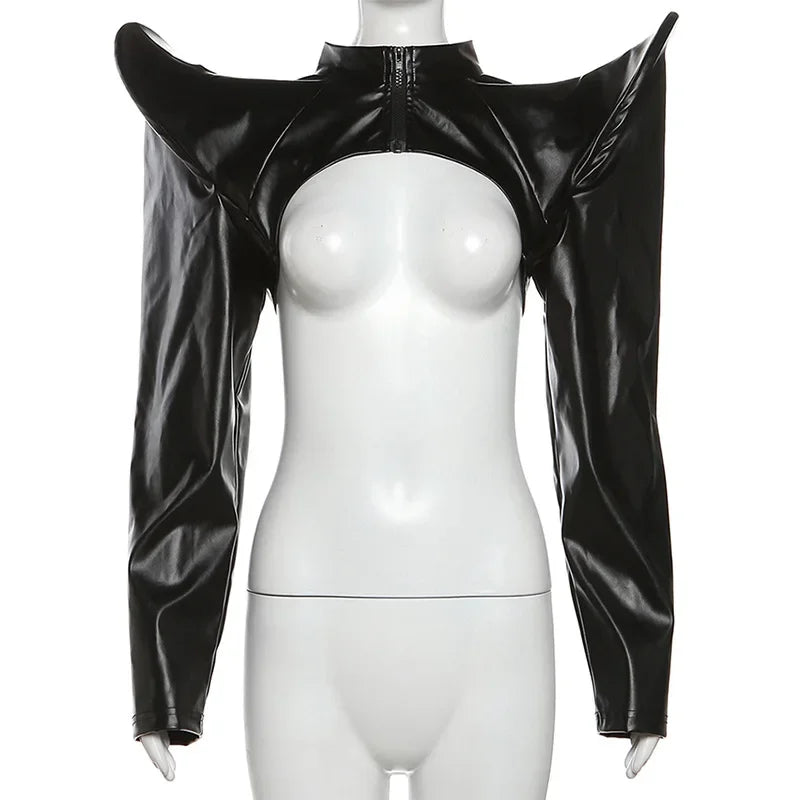 Cyber Y 2K Punk Faux Lederen Crop Jacks Gothic Grunge Streetwear Mode Jassen Met Ritssluiting Vrouwelijke Hoge Schoudervesten