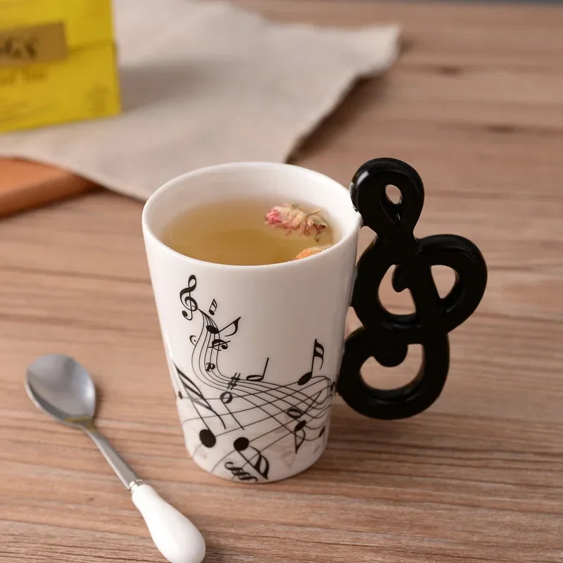 Bone China Mug With Music Note Motif And Delicate Guitar Handle — White | KIMLUD