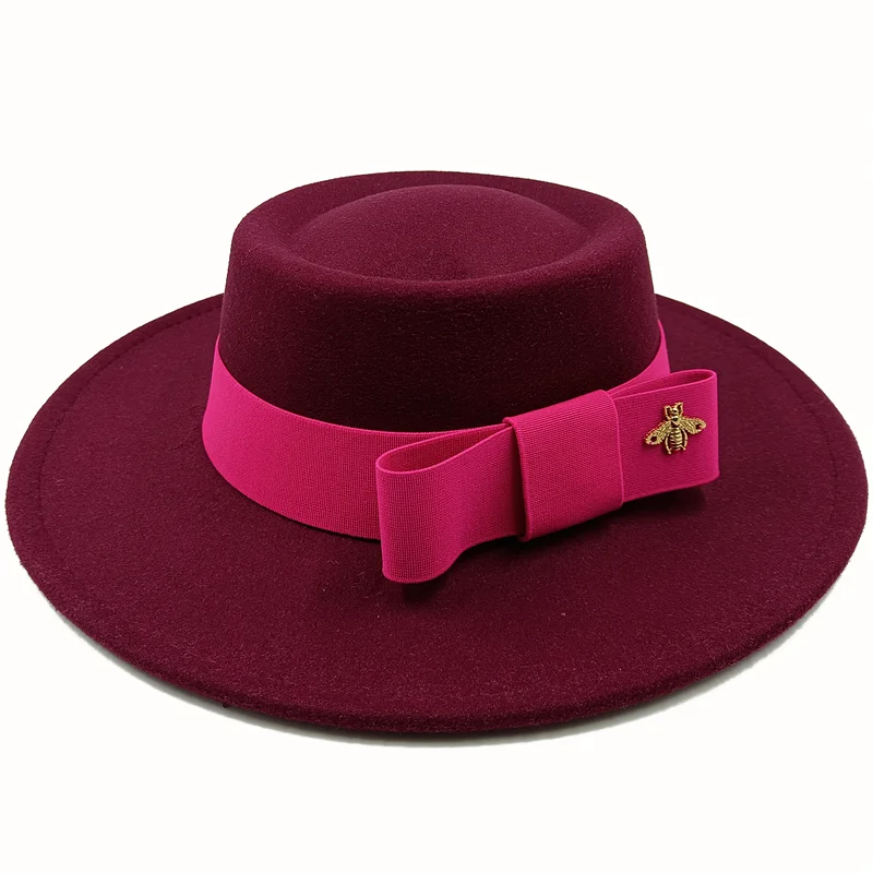 Wholesale Fedora hats Winter round concave convex surface flat top bow elastic ribbon men&#39;s and women&#39;s felt jazz hats Fedora - KIMLUD