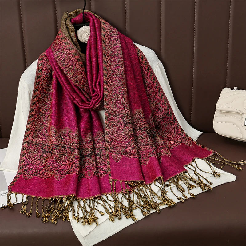 Cashmere Pashmina Shawl With Autumn Print Design, Olive Accents And Gold-Toned Fringe — Red | KIMLUD