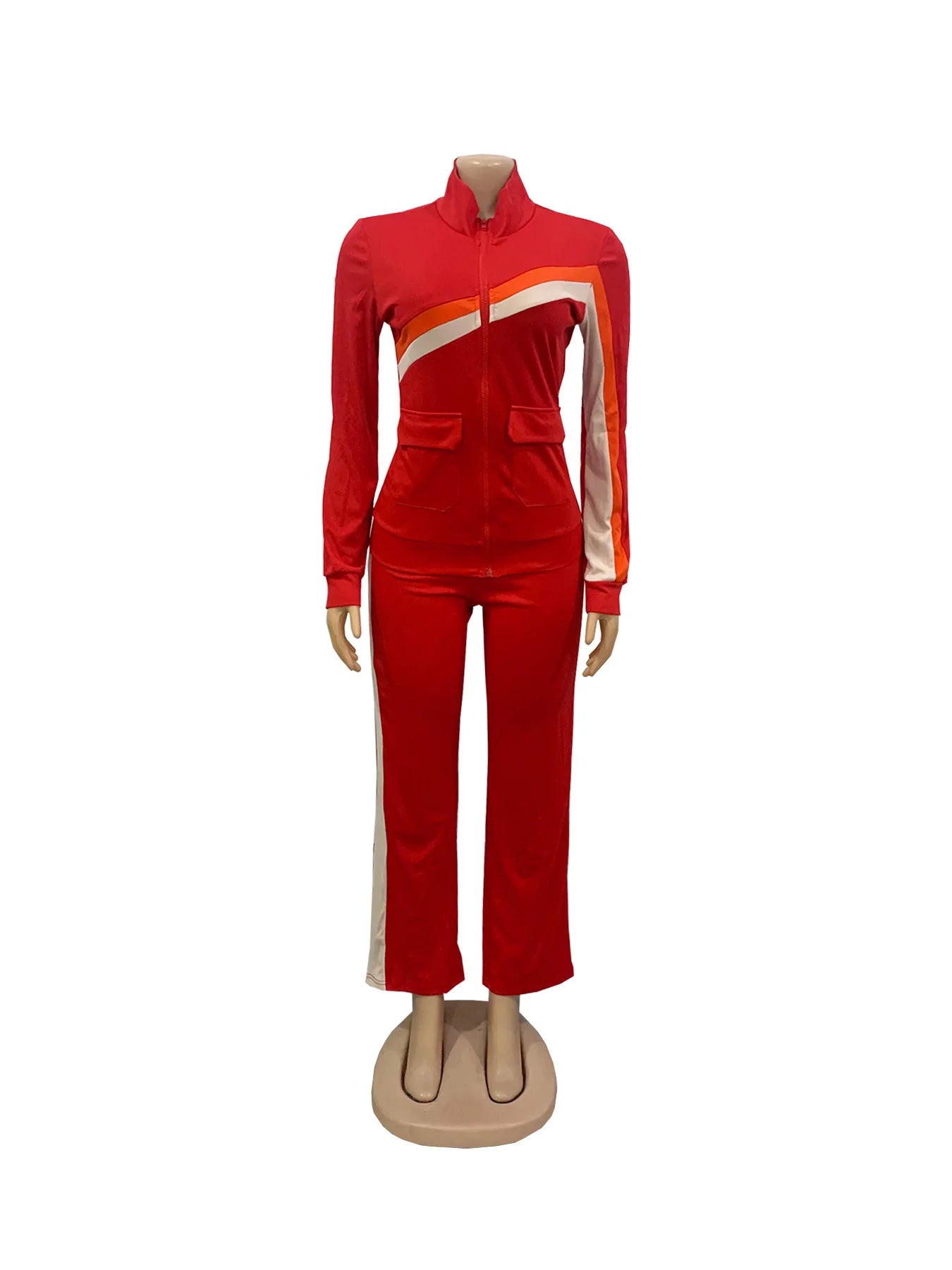 Knit Striped Splicing Two-Piece Sports Set Cream And Burnt-Orange Stripe Panels — Black | KIMLUD