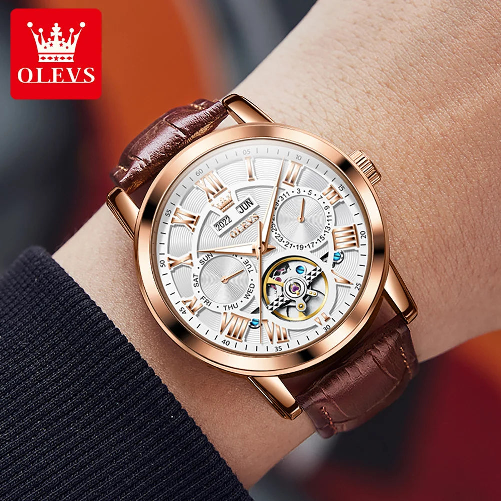 Moon Phase Calendar Automatic Chronograph Leather Strap Watch — Rose-Gold | KIMLUD