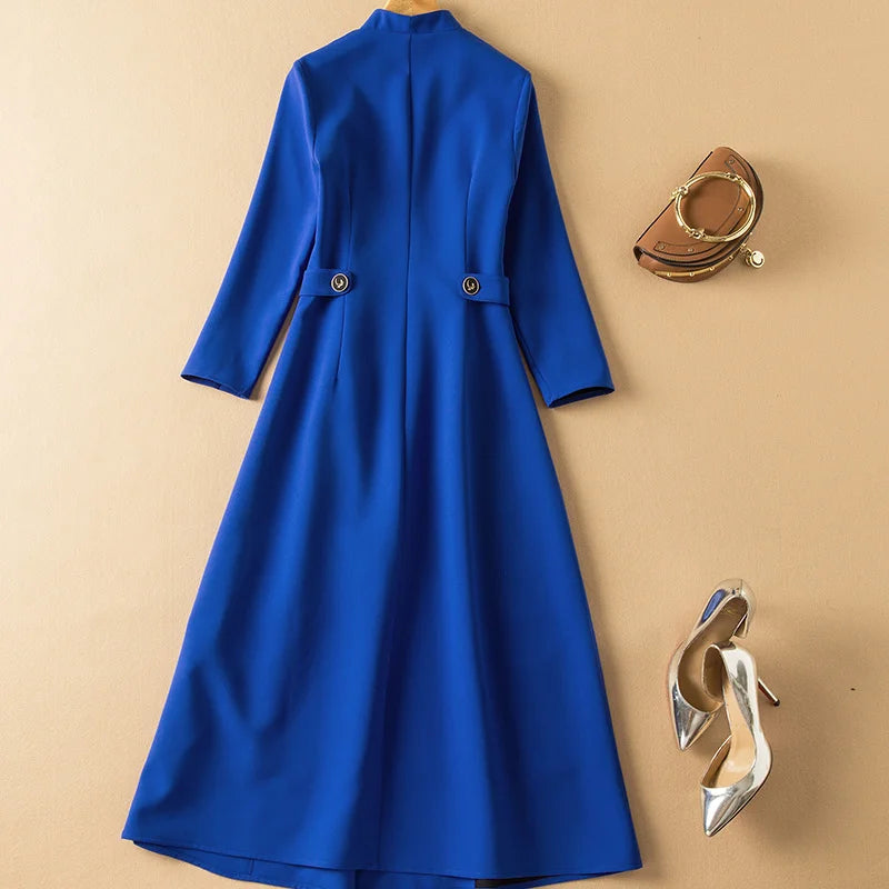 Polyester A-Line Long-Sleeve Formal Dress With Subtle Button Detailing — Blue | KIMLUD