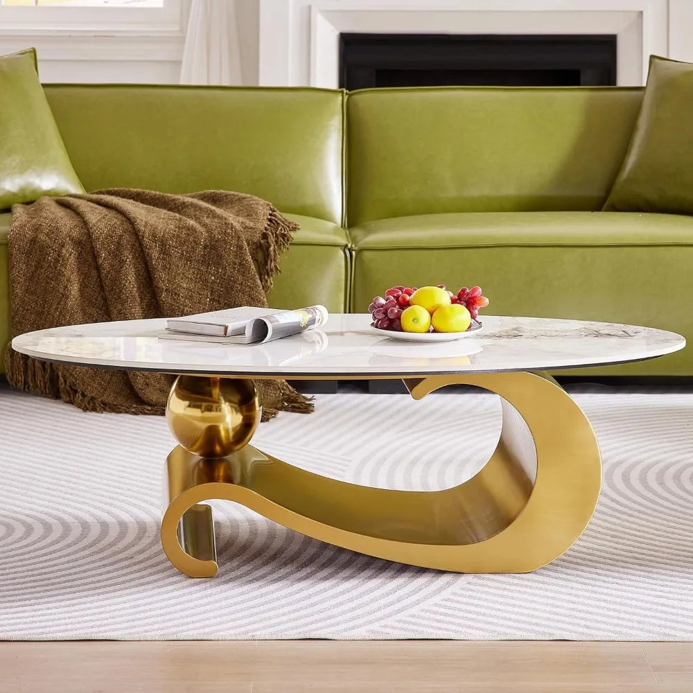Faux Marble Oval Coffee Table White Veined Top, Gold Base — Gold | KIMLUD