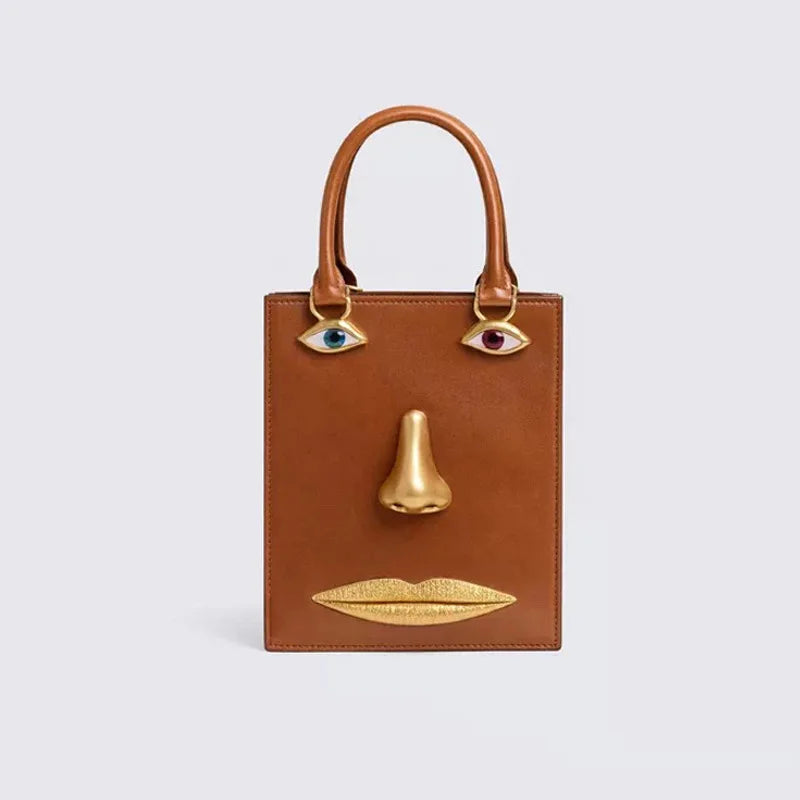 Gold-Tone Leather Face Bag Geometric Motif — Gold | KIMLUD